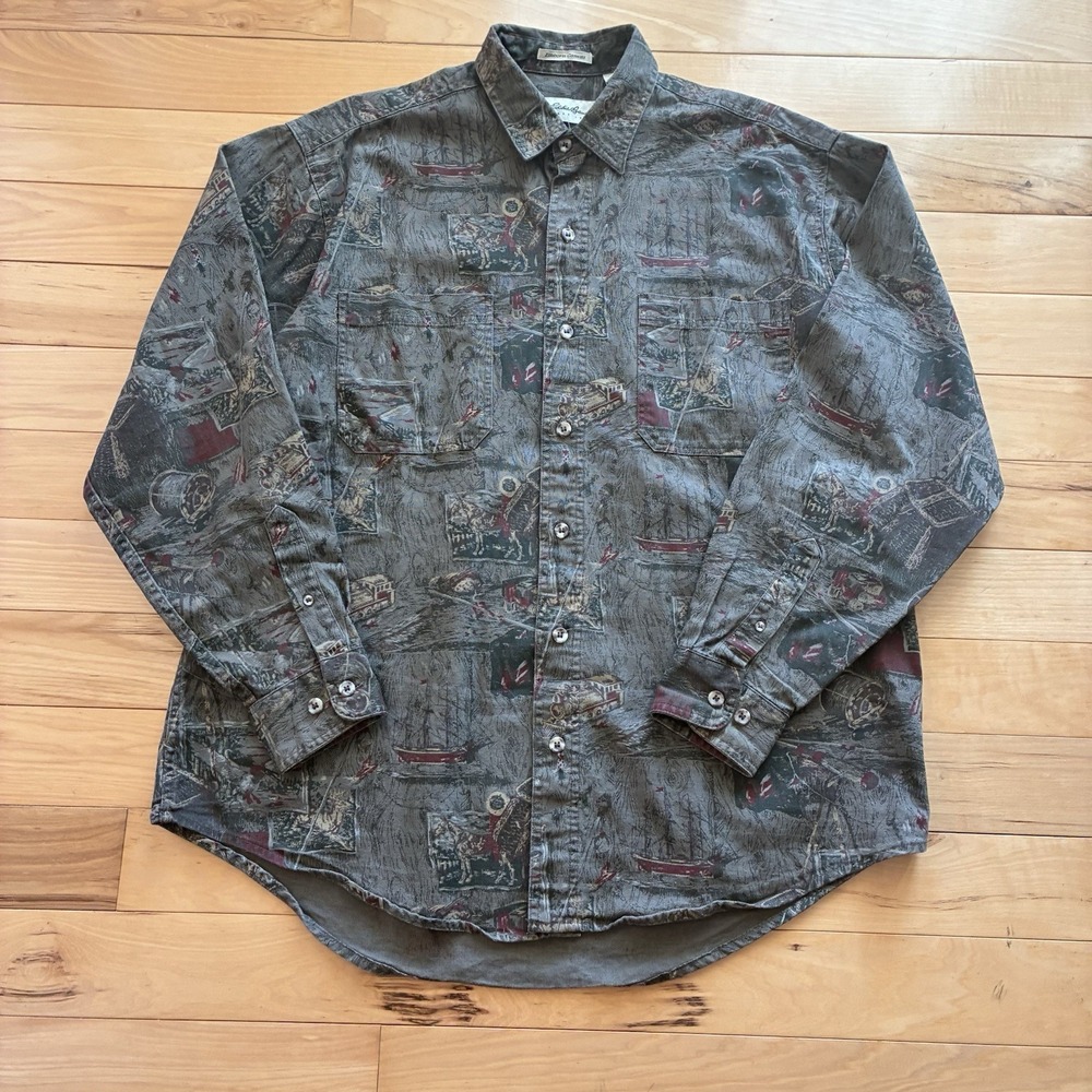 Vintage Eddie Bauer Men's L Elkhorn Canvas Shirt AOP Train Hunting Fishing 90s